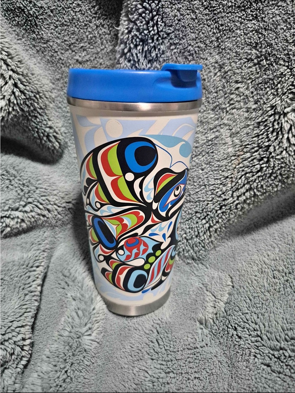 Colorful Fish Art Travel Tumbler with Blue Lid